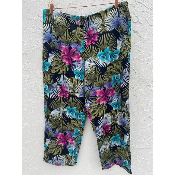 White Stag Womens Drawstring Slacks Tropical Floral Pants Dark Navy Sz XL 16/18 - Picture 1 of 10